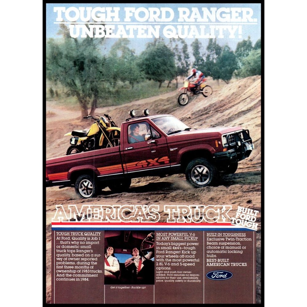 1984 Ford Ranger 4x4 Pickup Truck Vintage Print Ad Dirt Bike Wall Art Photo